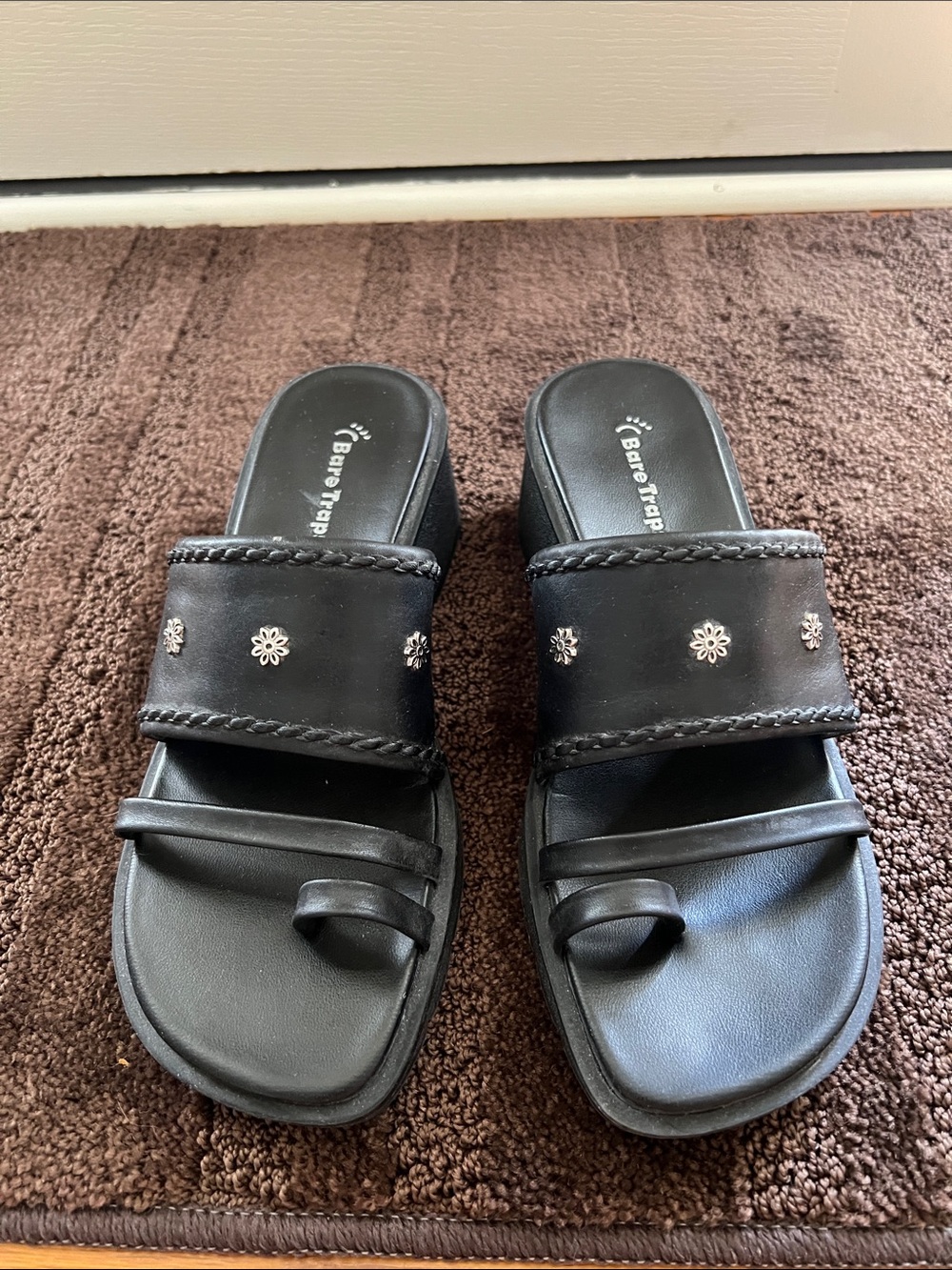 BareTraps Black Slide Sandals with Silver Stud Accents